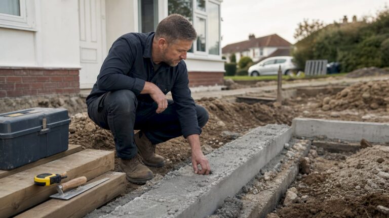 Builder inspecting porch foundation footings