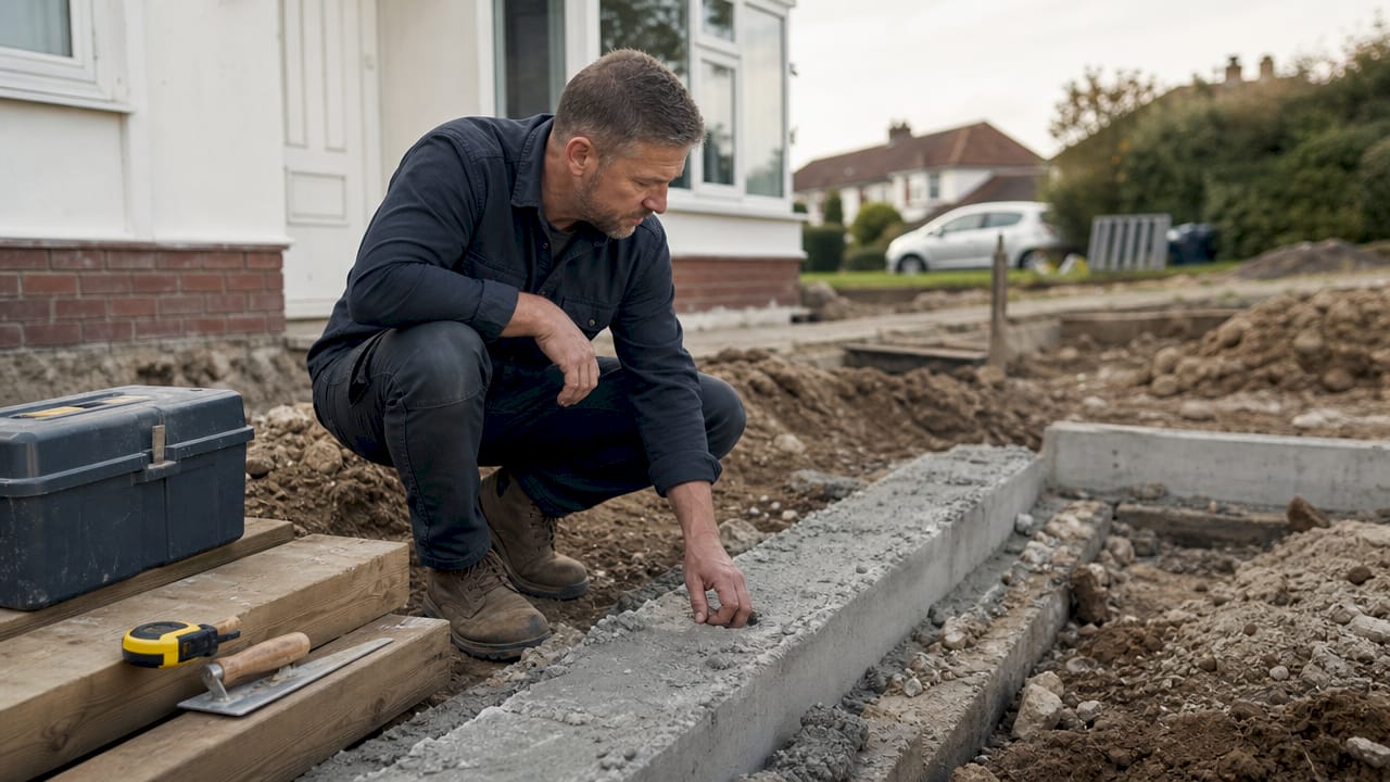 Builder inspecting porch foundation footings