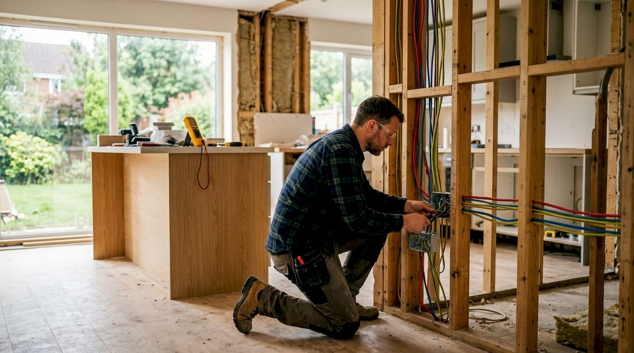 Electrician installing wiring in home renovation