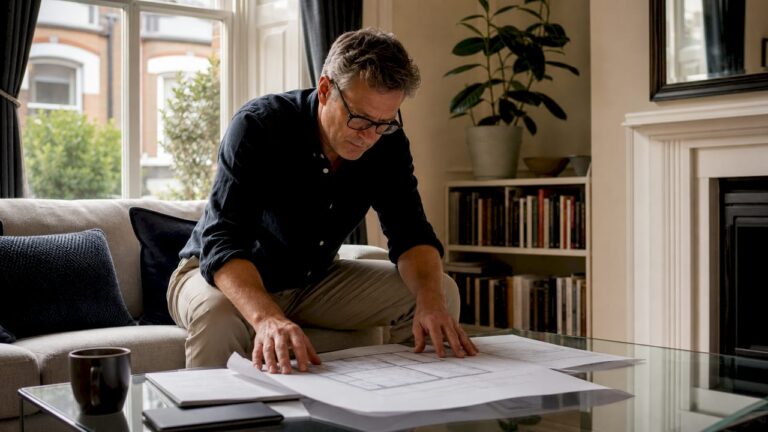 Man reviewing UK home extension plans at kitchen table