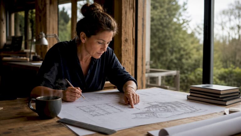 Architect reviewing two-storey extension plans