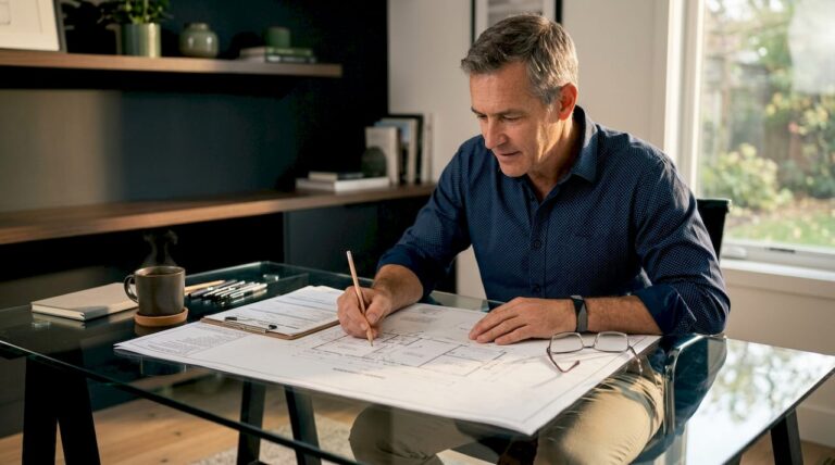 Man reviewing garage conversion plans at kitchen table
