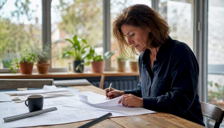 Architect reviewing UK building regulations documents