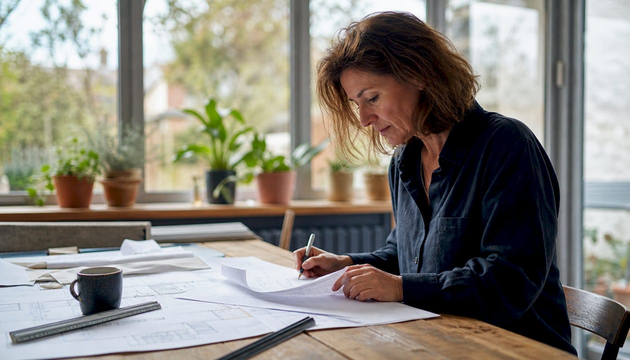 Architect reviewing UK building regulations documents