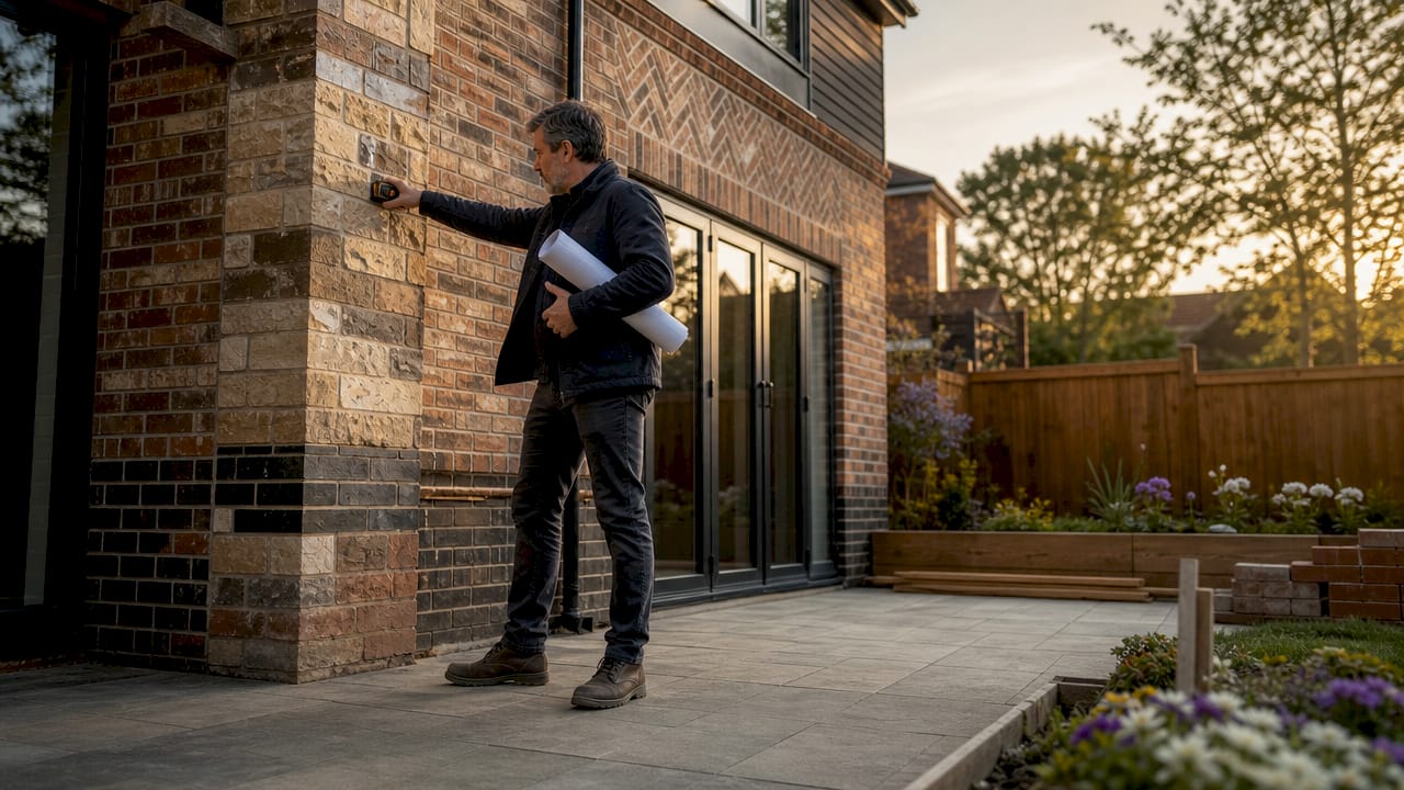 Architect examining residential brick facade patterns