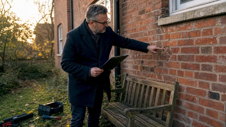 Landlord inspecting deteriorating brickwork outside building