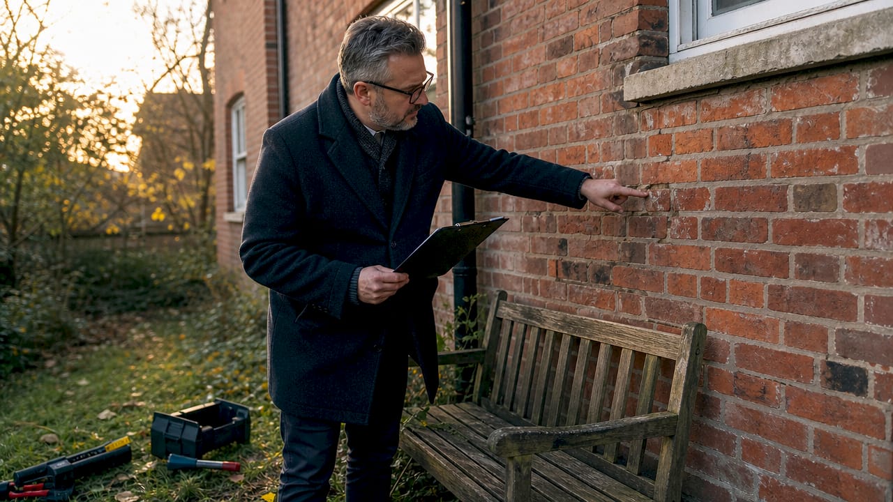 Landlord inspecting deteriorating brickwork outside building