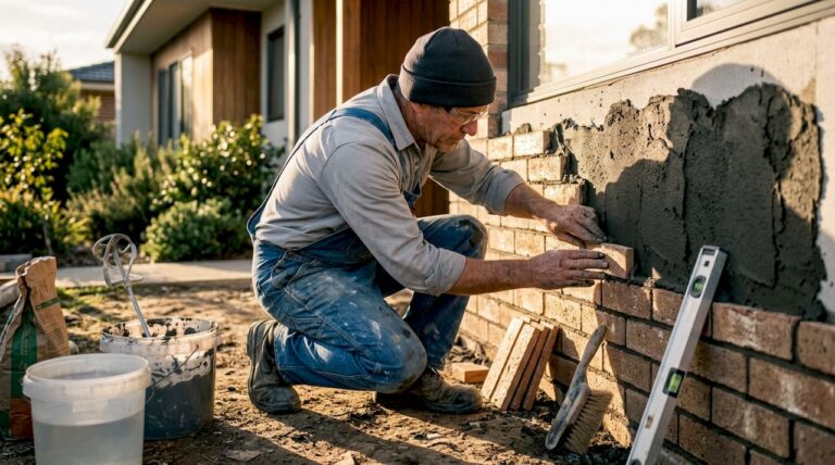 Craftsman installing brick slips on house exterior