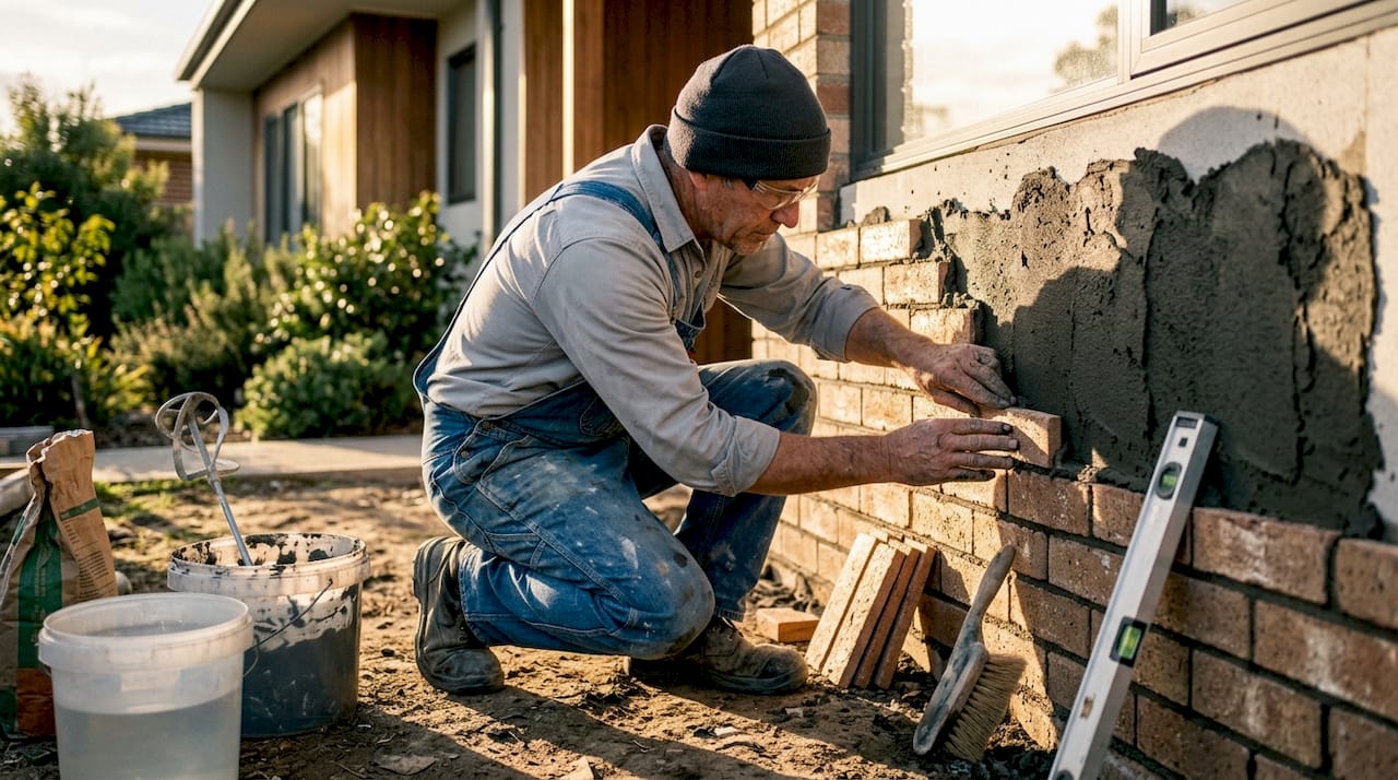 Craftsman installing brick slips on house exterior