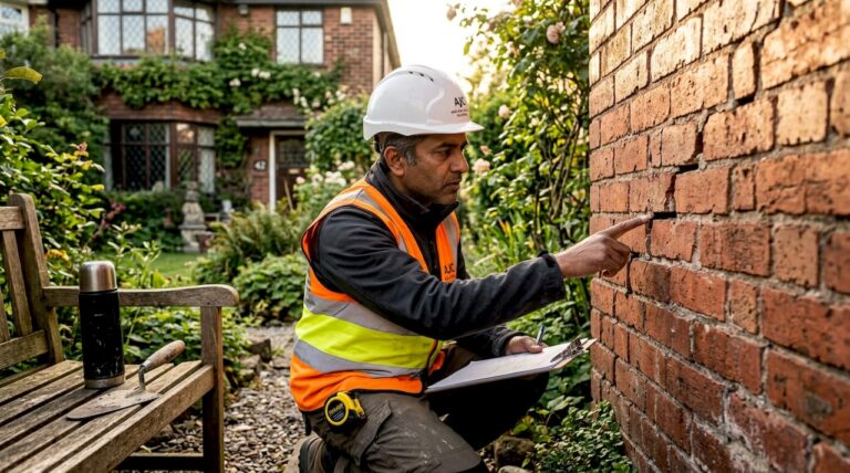 Inspector examining brick exterior wall