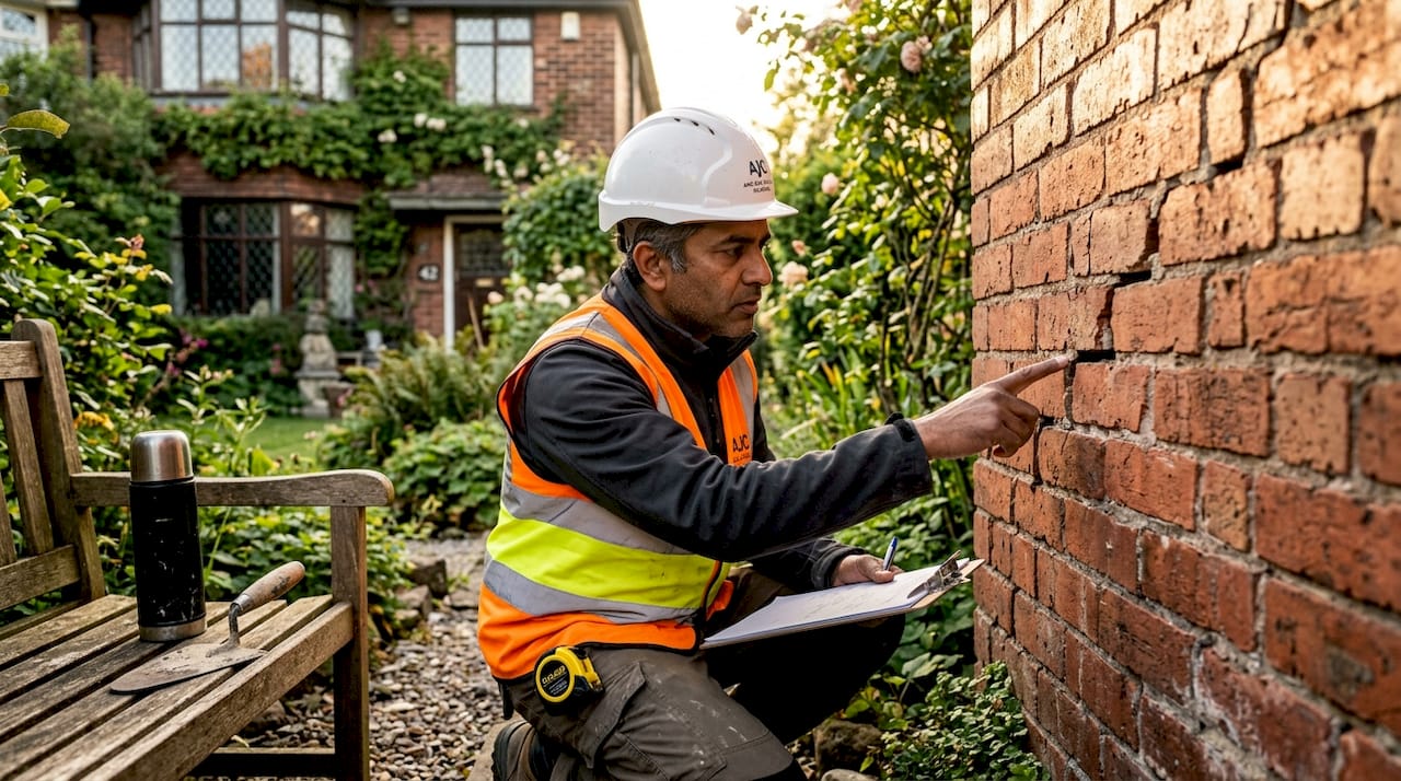 Inspector examining brick exterior wall