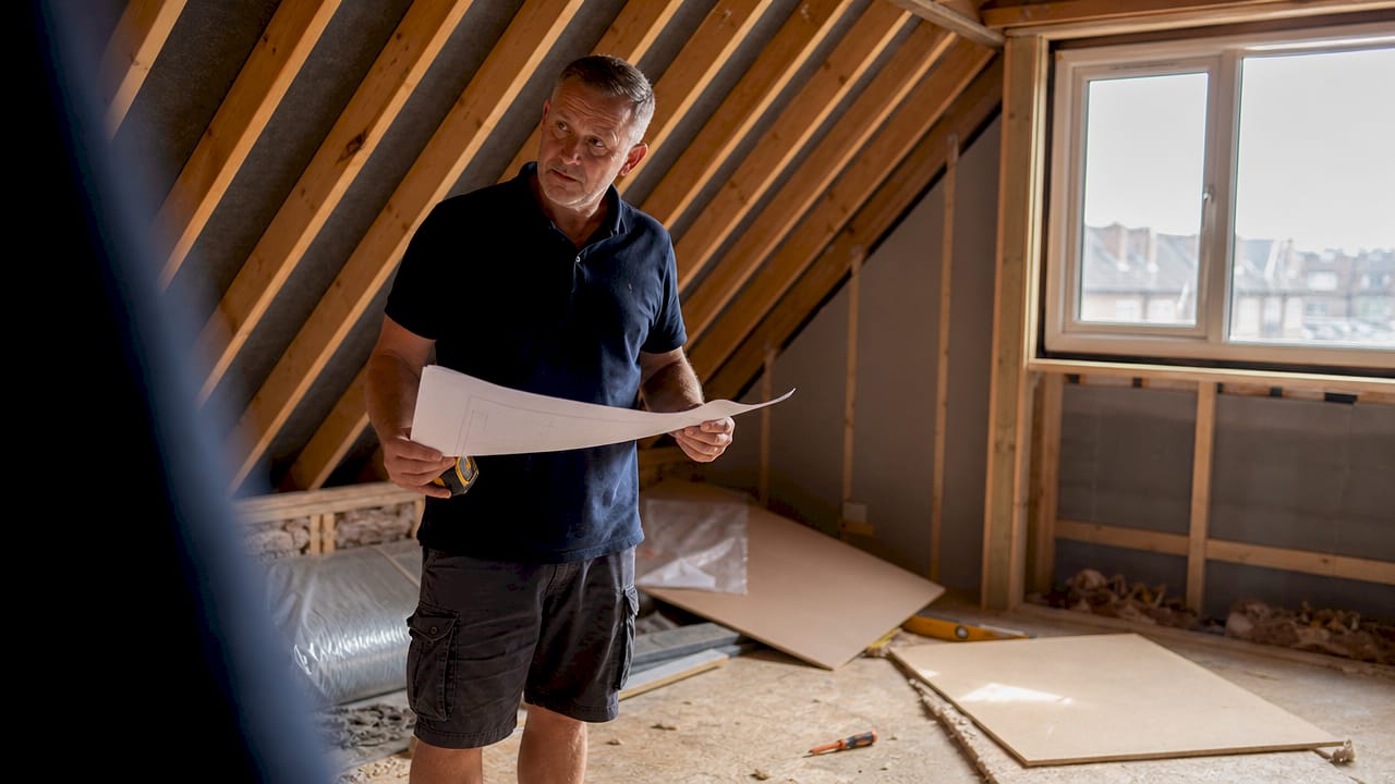 Homeowner inspecting attic space for loft conversion