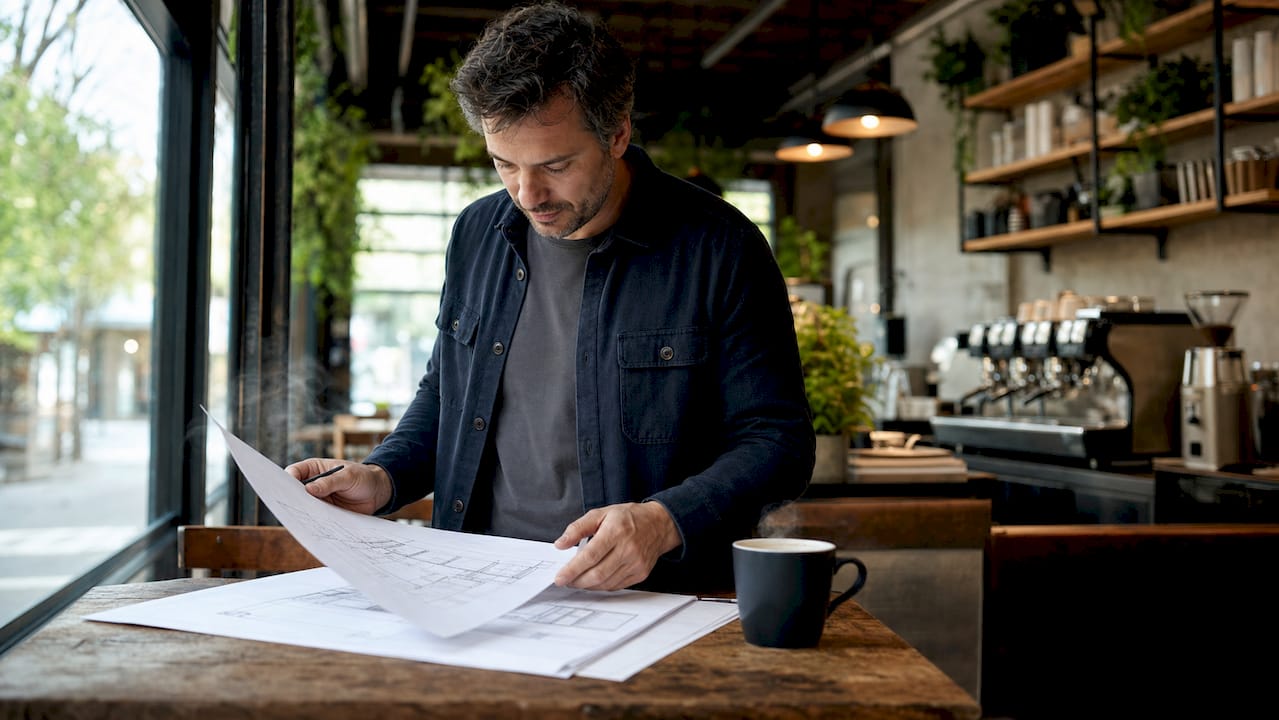 Homeowner reviewing renovation plans in open plan space