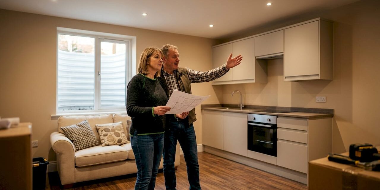 British couple in newly converted basement living room