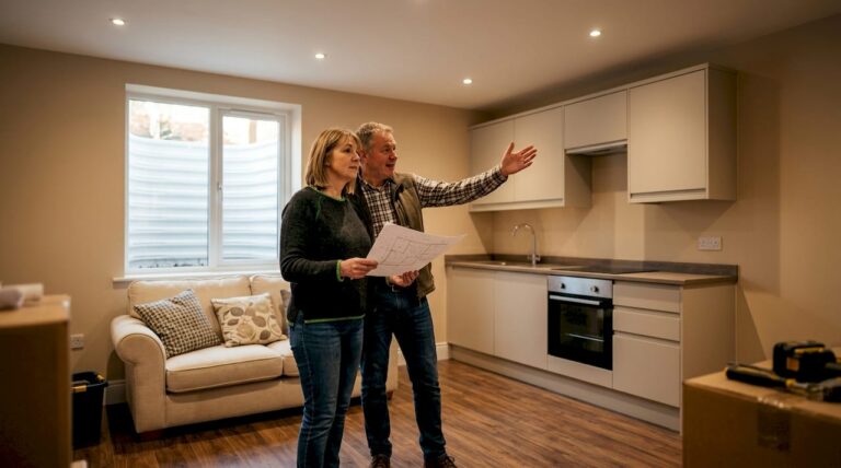 British couple in newly converted basement living room