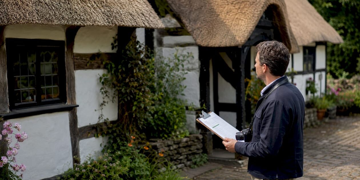 Surveyor inspecting UK residential building exterior