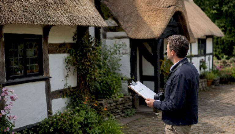 Surveyor inspecting UK residential building exterior