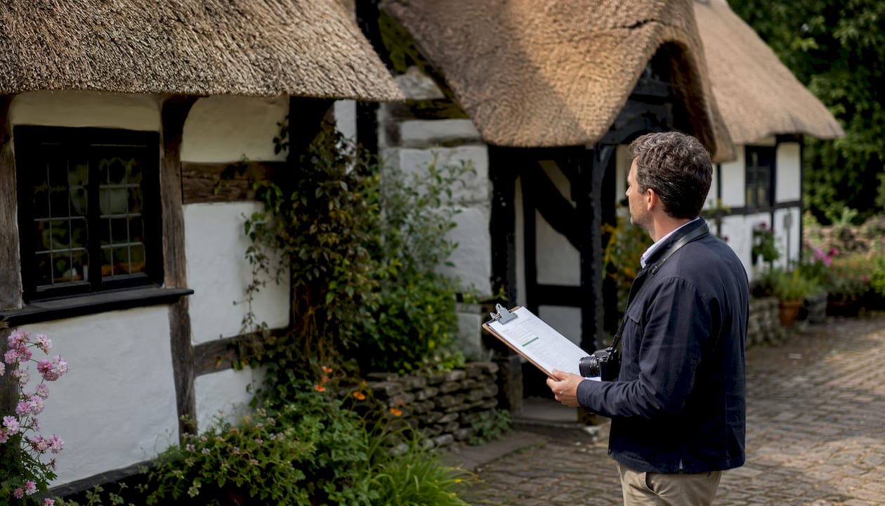 Surveyor inspecting UK residential building exterior