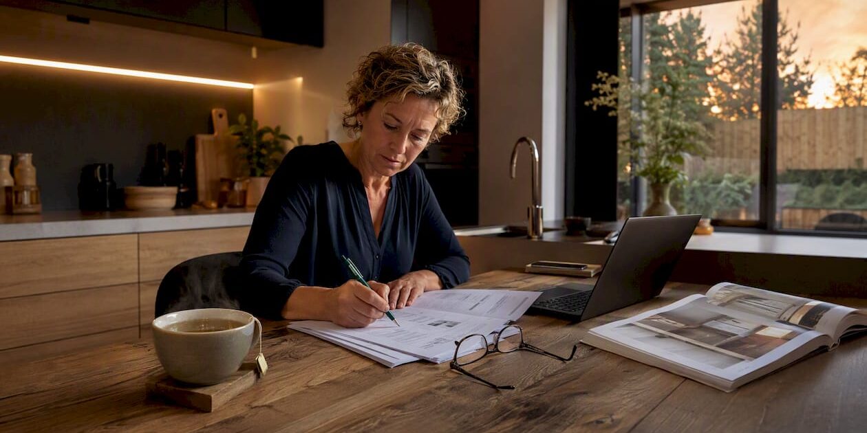 Woman reviewing building warranty papers at home office