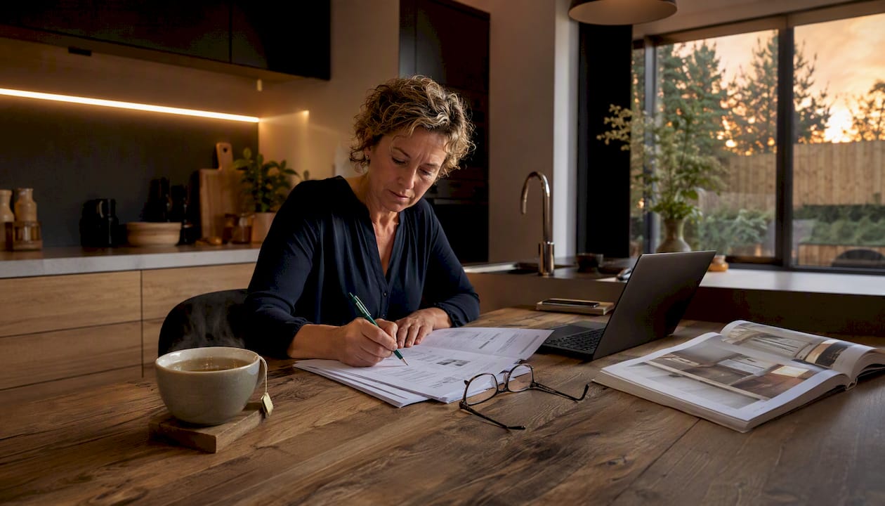Woman reviewing building warranty papers at home office