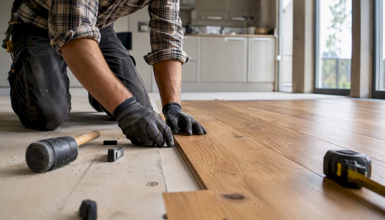 Hands fitting engineered wood flooring in home