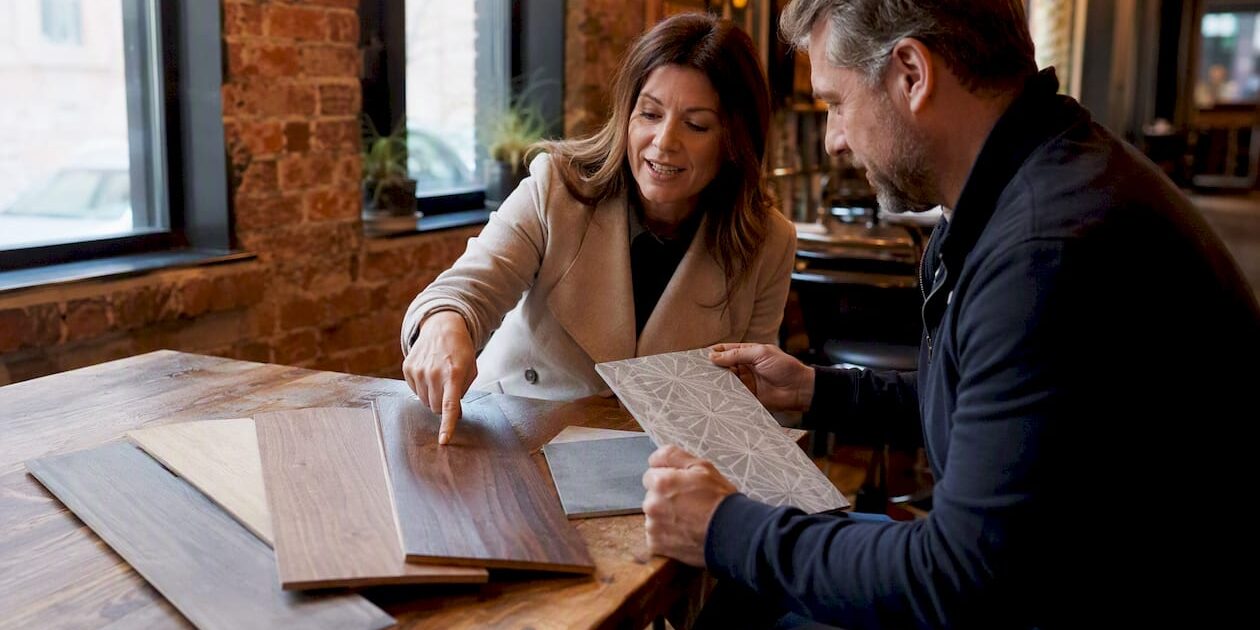 Couple reviewing flooring samples during renovation