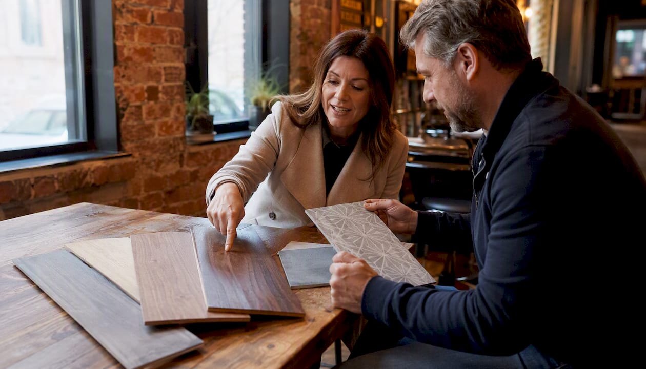 Couple reviewing flooring samples during renovation