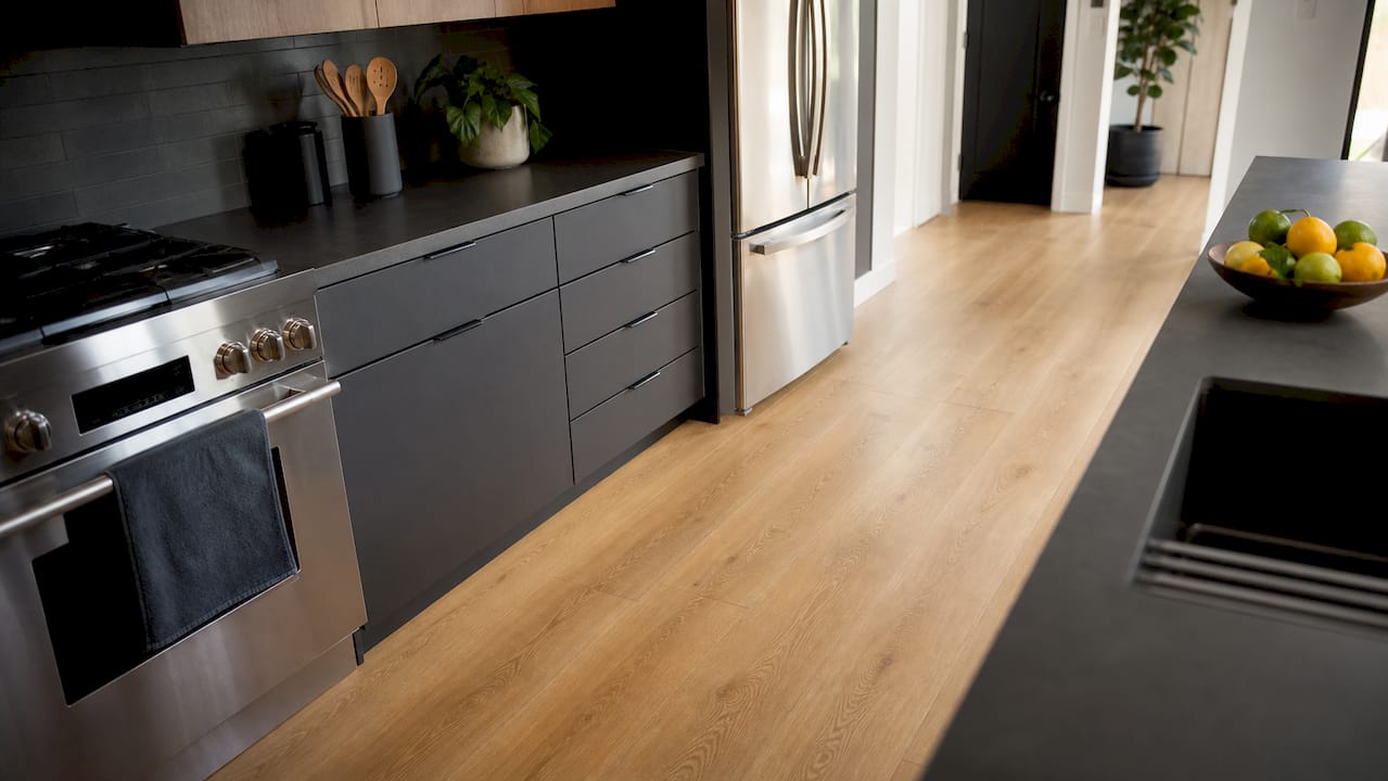 Luxury vinyl plank flooring in modern kitchen