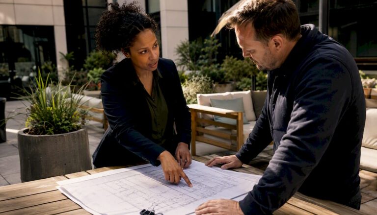 Architect and building control officer reviewing plans