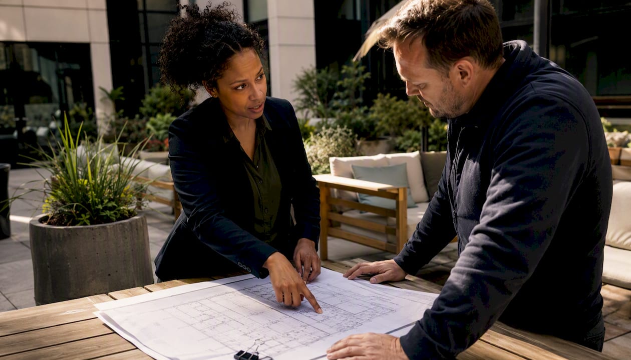 Architect and building control officer reviewing plans