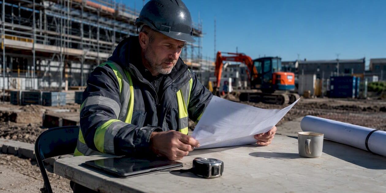 Project manager reviewing building contract on site