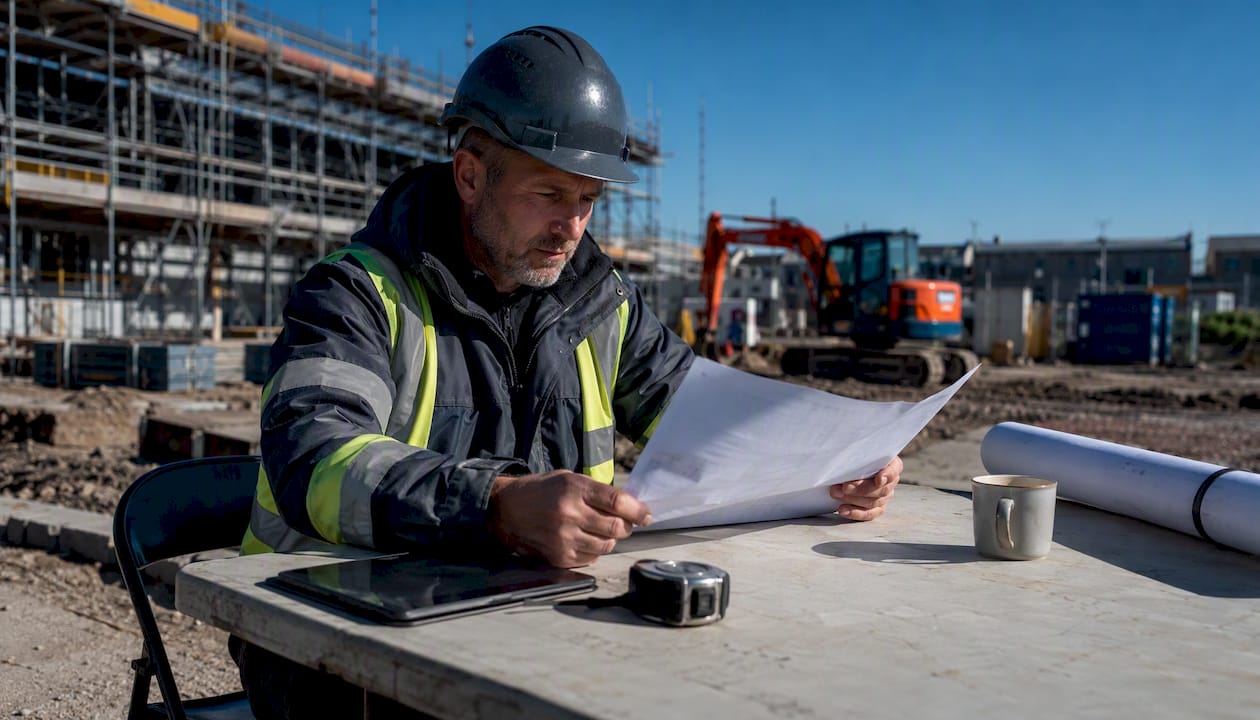 Project manager reviewing building contract on site