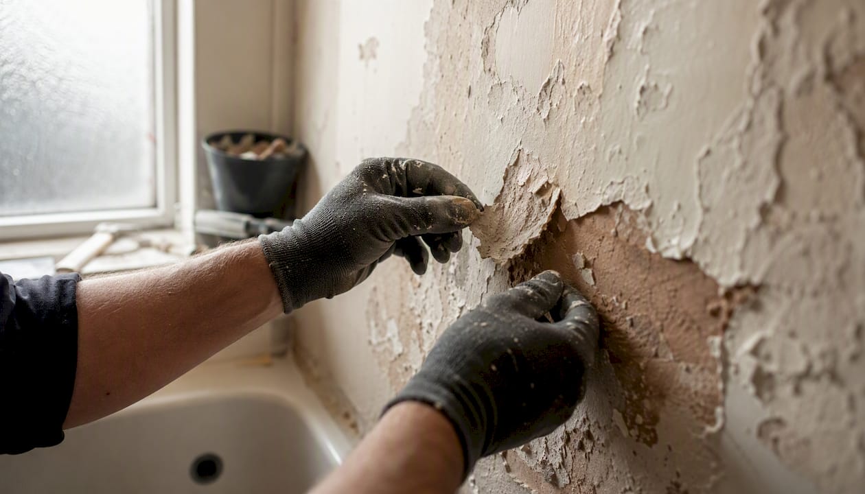 Close-up of wall defects being exposed during refurbishment