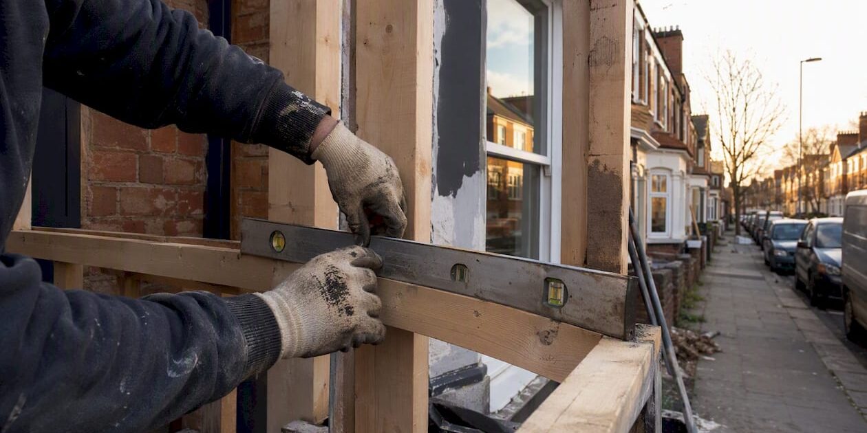 1785819720816_Builder-measuring-timber-frame-on-refurbishment-site Builder measuring timber frame on refurbishment site