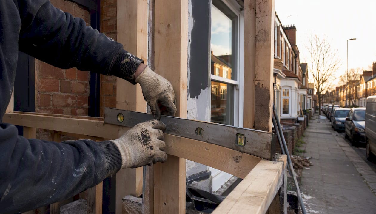 Builder measuring timber frame on refurbishment site