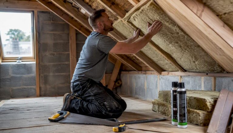 Builder fitting roof insulation in loft