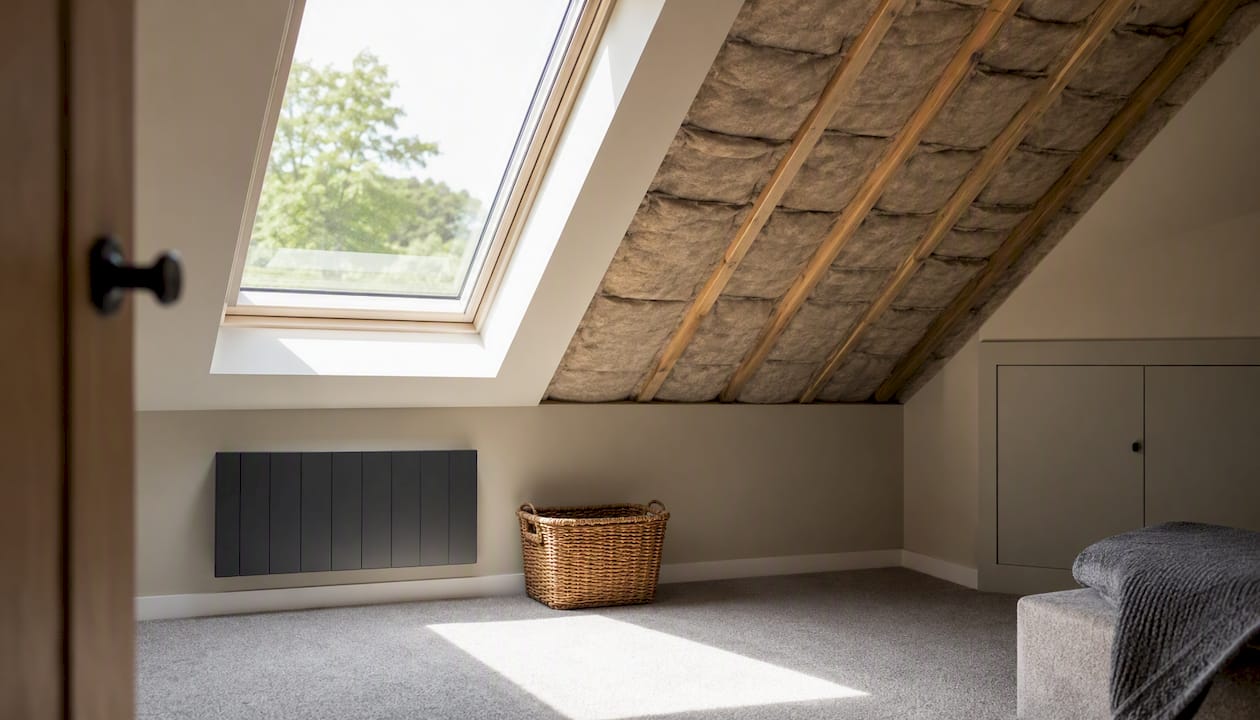 Insulated loft roof with roof window