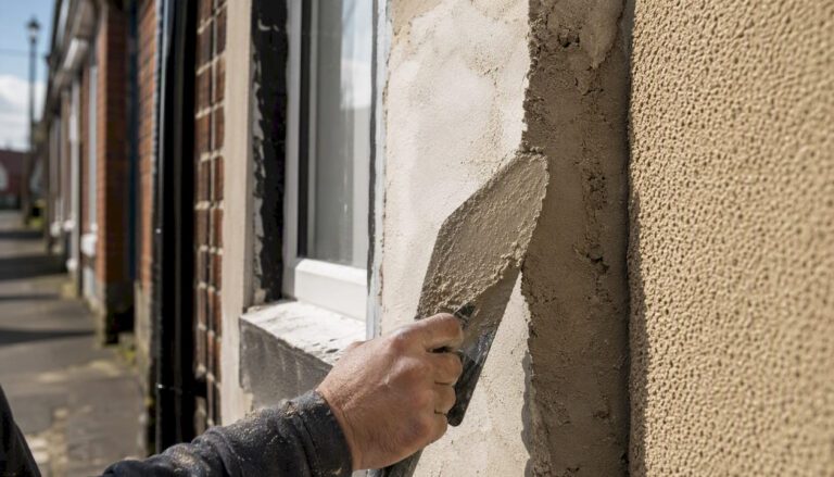 Close-up of UK house walls with varied render finishes