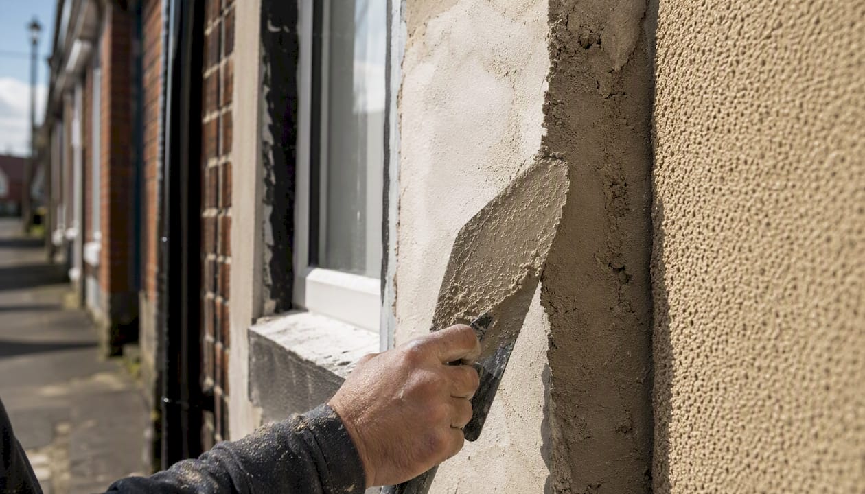 Close-up of UK house walls with varied render finishes