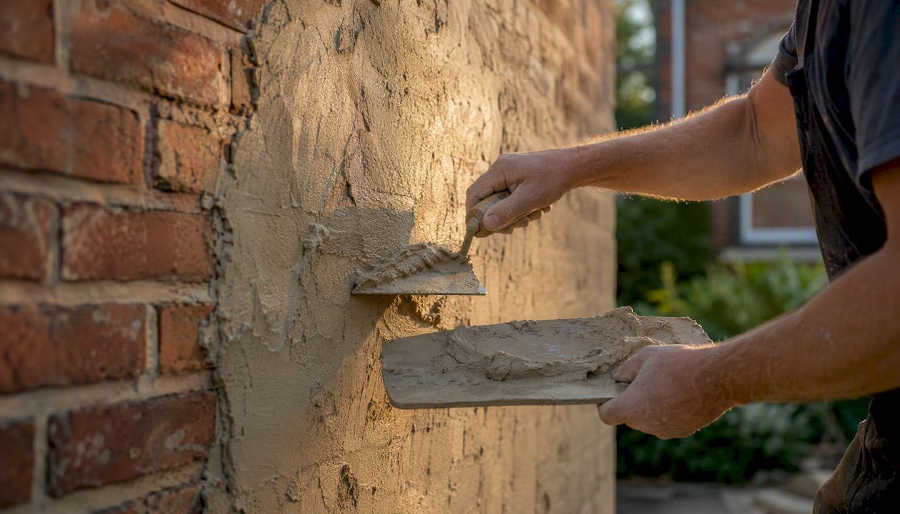 Applying hydraulic lime render to brick wall