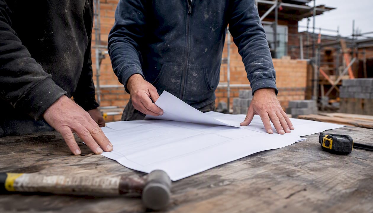 Builder's hands with architectural plans on site