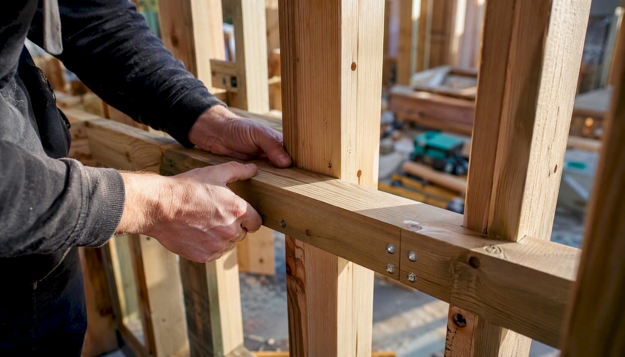 Builder’s hands assembling timber frame wall