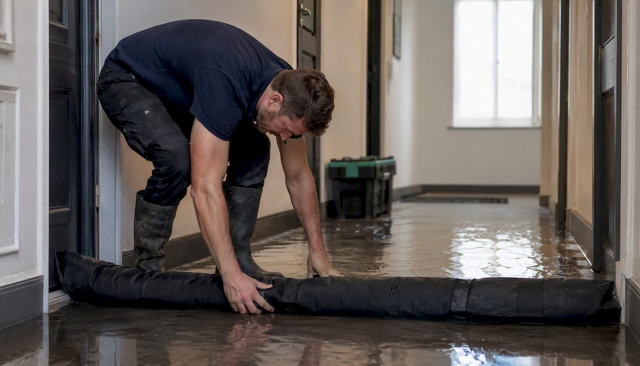 Person controlling flood damage in shared building