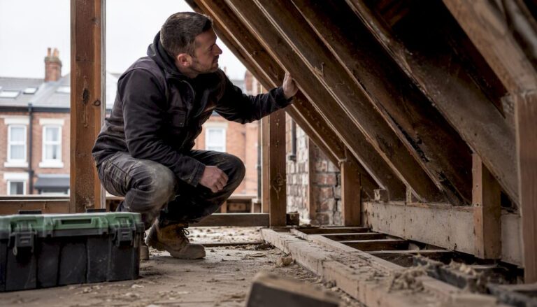 Builder inspecting roof structure of Liverpool terrace