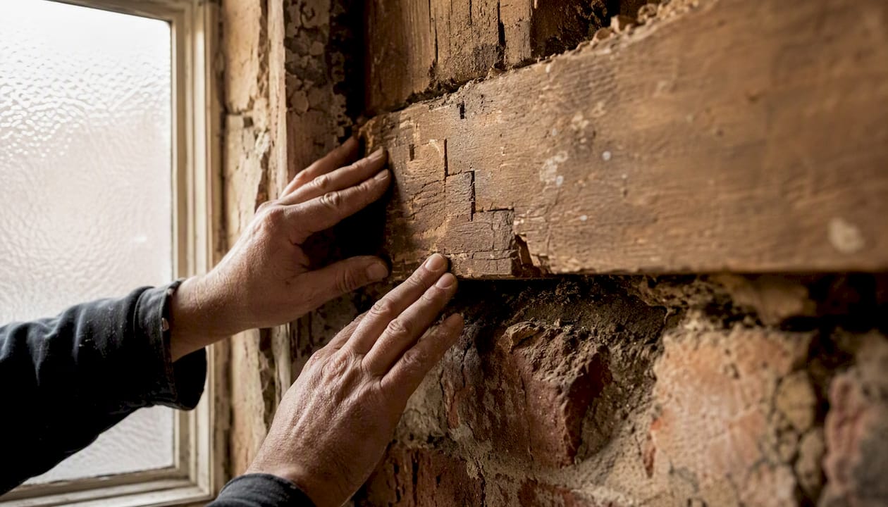 Hands inspecting timber beam bearing in Liverpool home
