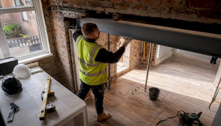 Builder installing steel RSJ beam indoors