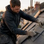 Roofer removing tiles from hipped roof end