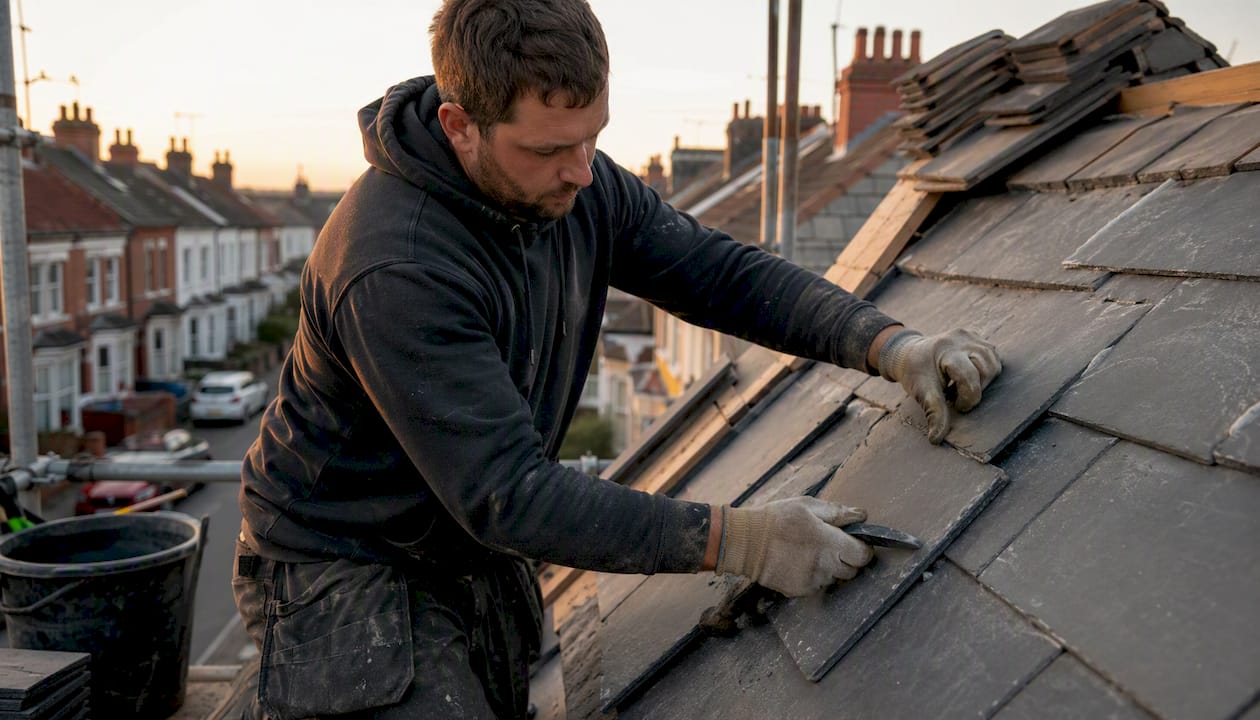 Roofer removing tiles from hipped roof end