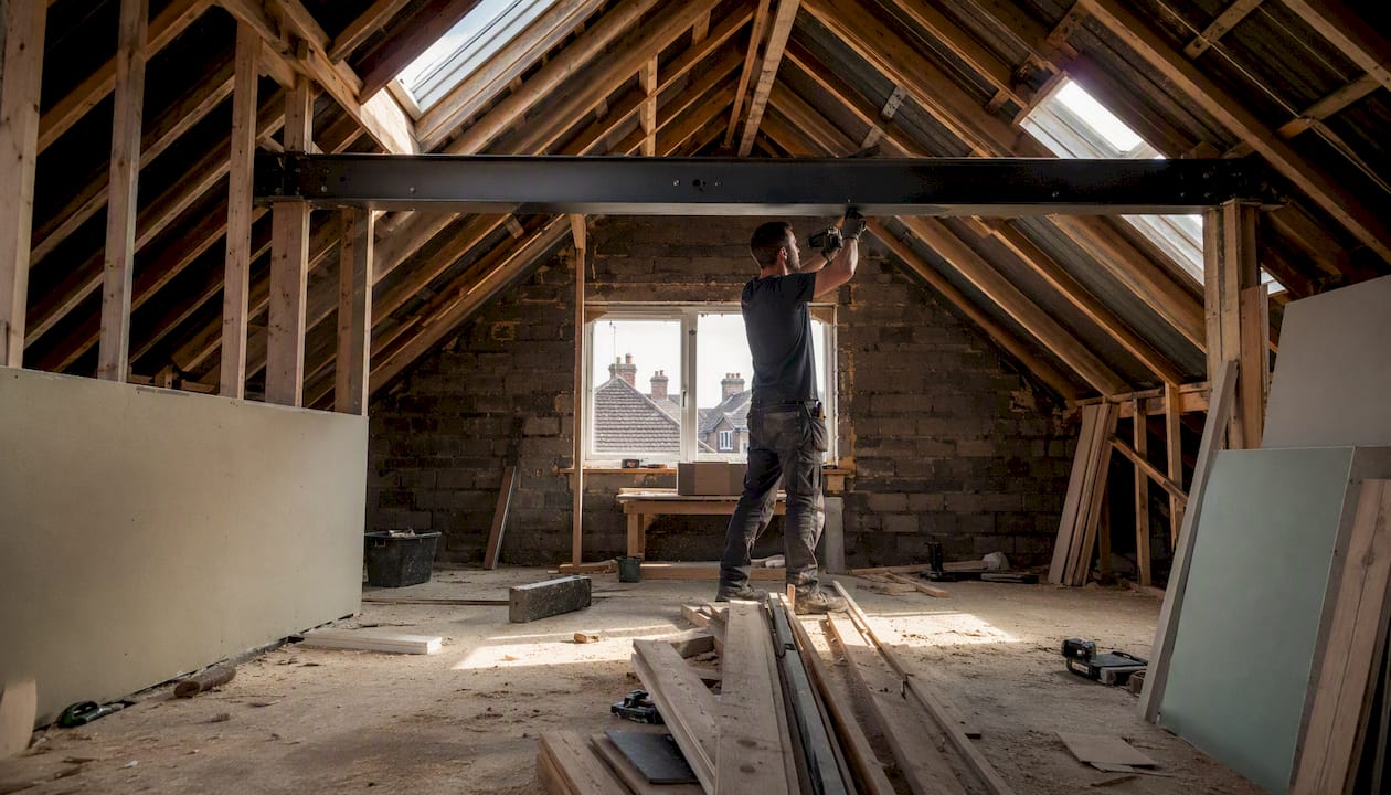 Builder installing steel ridge beam in loft