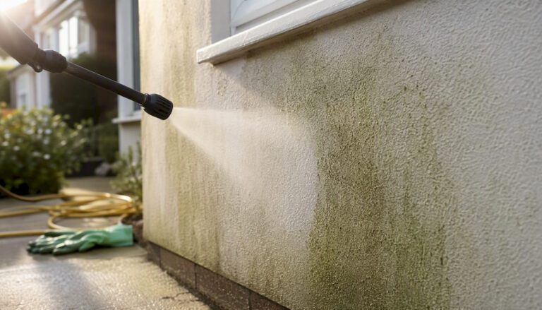 Soft-washing rendered wall in Liverpool home